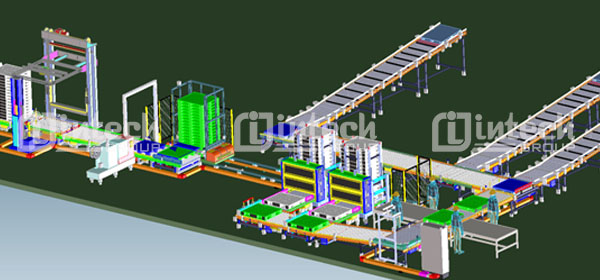 Hình ảnh thiết kế 3D - Hệ thống vận chuyển, phân loại và xếp pallet nhựa Đông Hải